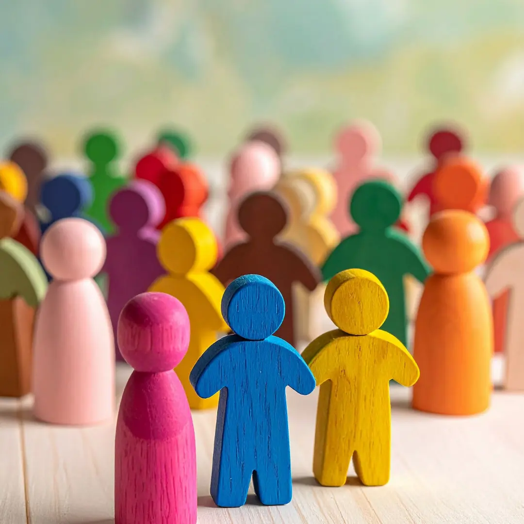 Des figurines en bois colorées représentant une communauté de familles