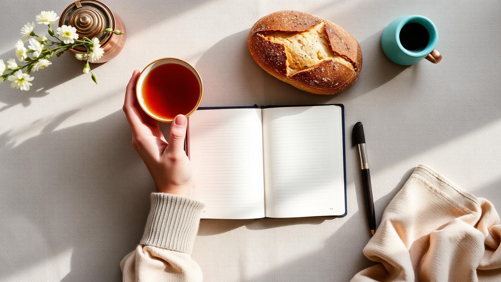 Une main tenant une tasse de thé près d'un carnet ouvert et d'un pain au levain, lumière du matin