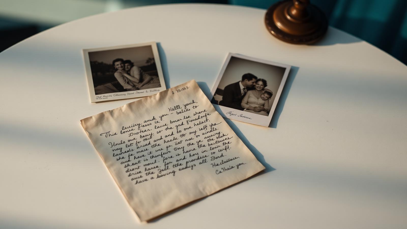 Une lettre manuscrite et des photographies de famille vintage sur une table, lumière douce turquoise