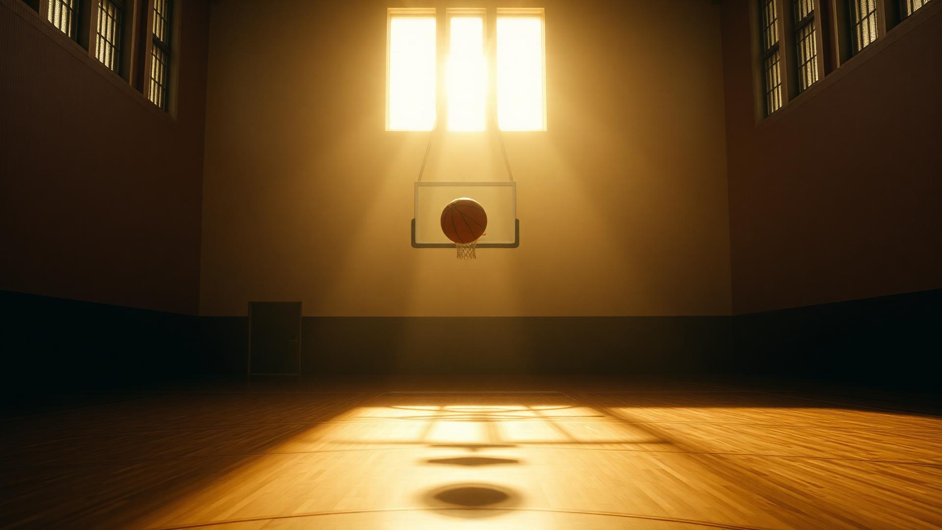 Un parquet vide à l'aube, lumière rasante par les fenêtres hautes, un ballon en l'air saisi au sommet de son rebond