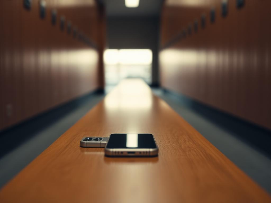 Un téléphone posé à l'envers sur un banc