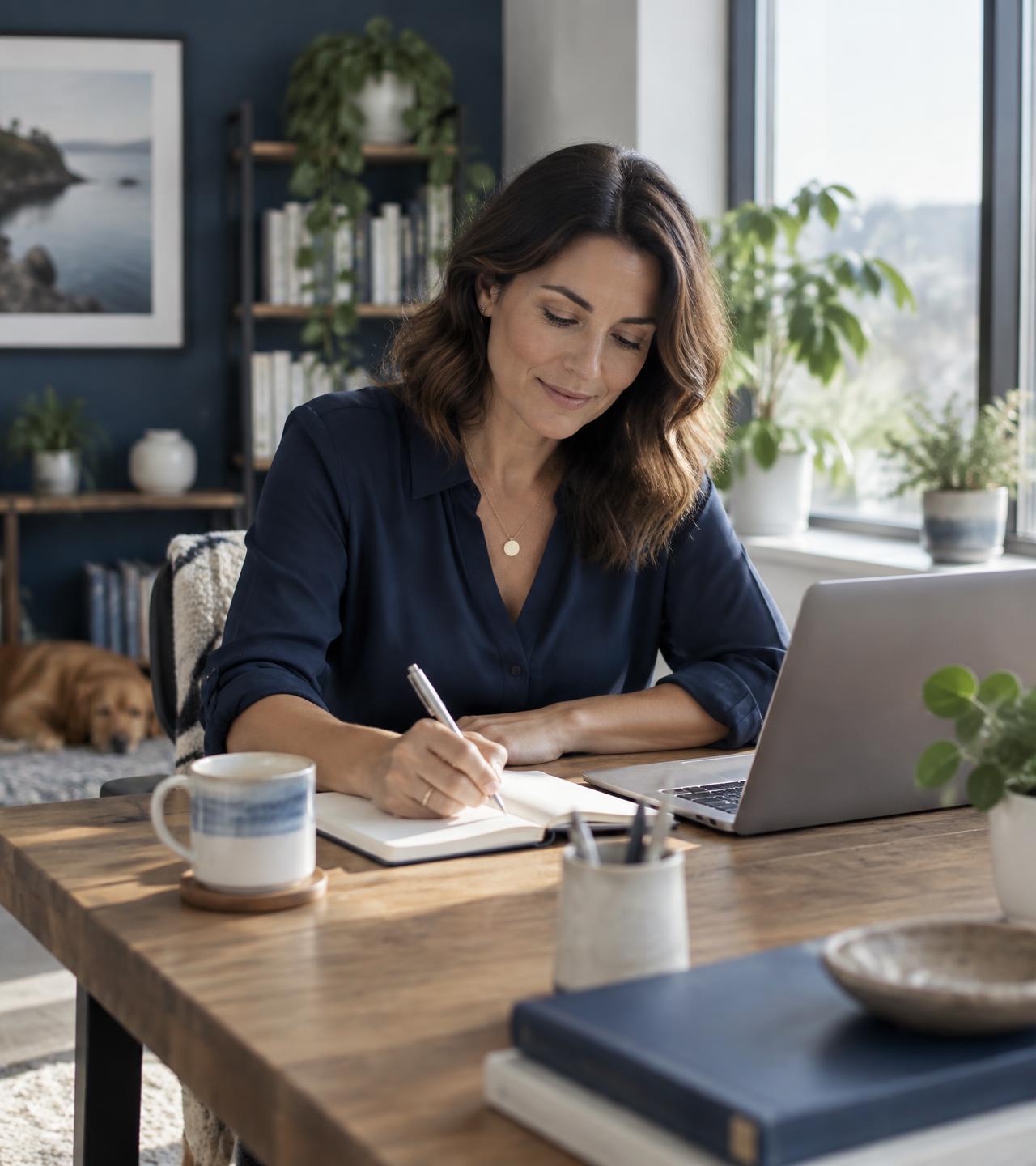 Une entrepreneuse prend des notes à son bureau, ordinateur ouvert, dans la lumière du matin (image d'ambiance)