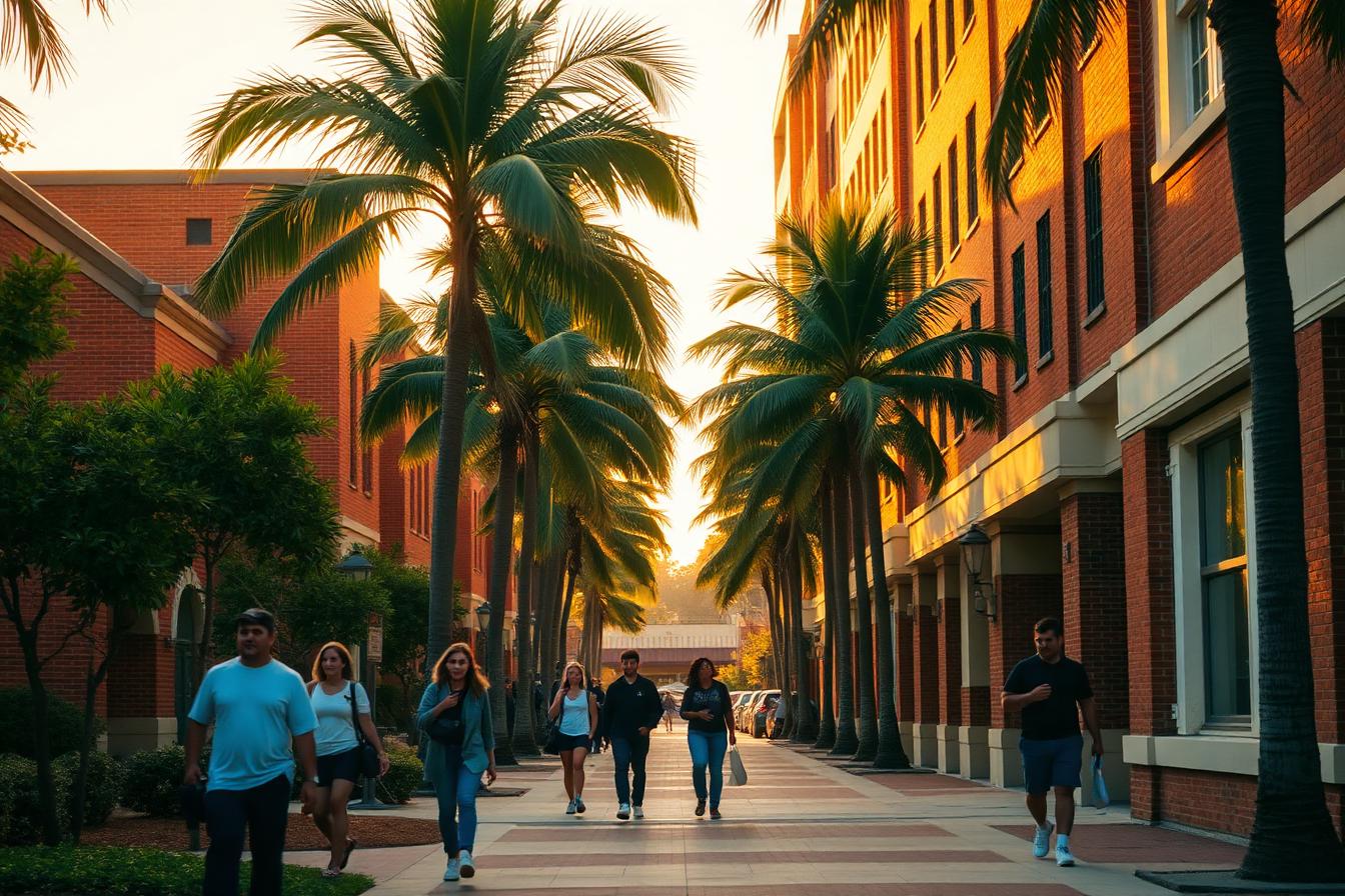 Allée bordée de palmiers sur un campus universitaire américain à l'heure dorée