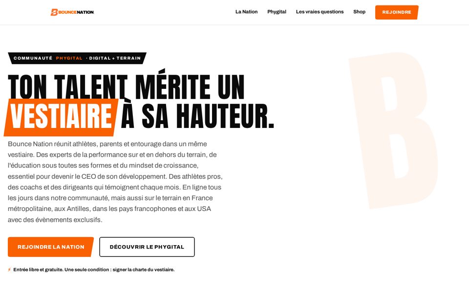 Aperçu de la page d’accueil du site Bounce Nation